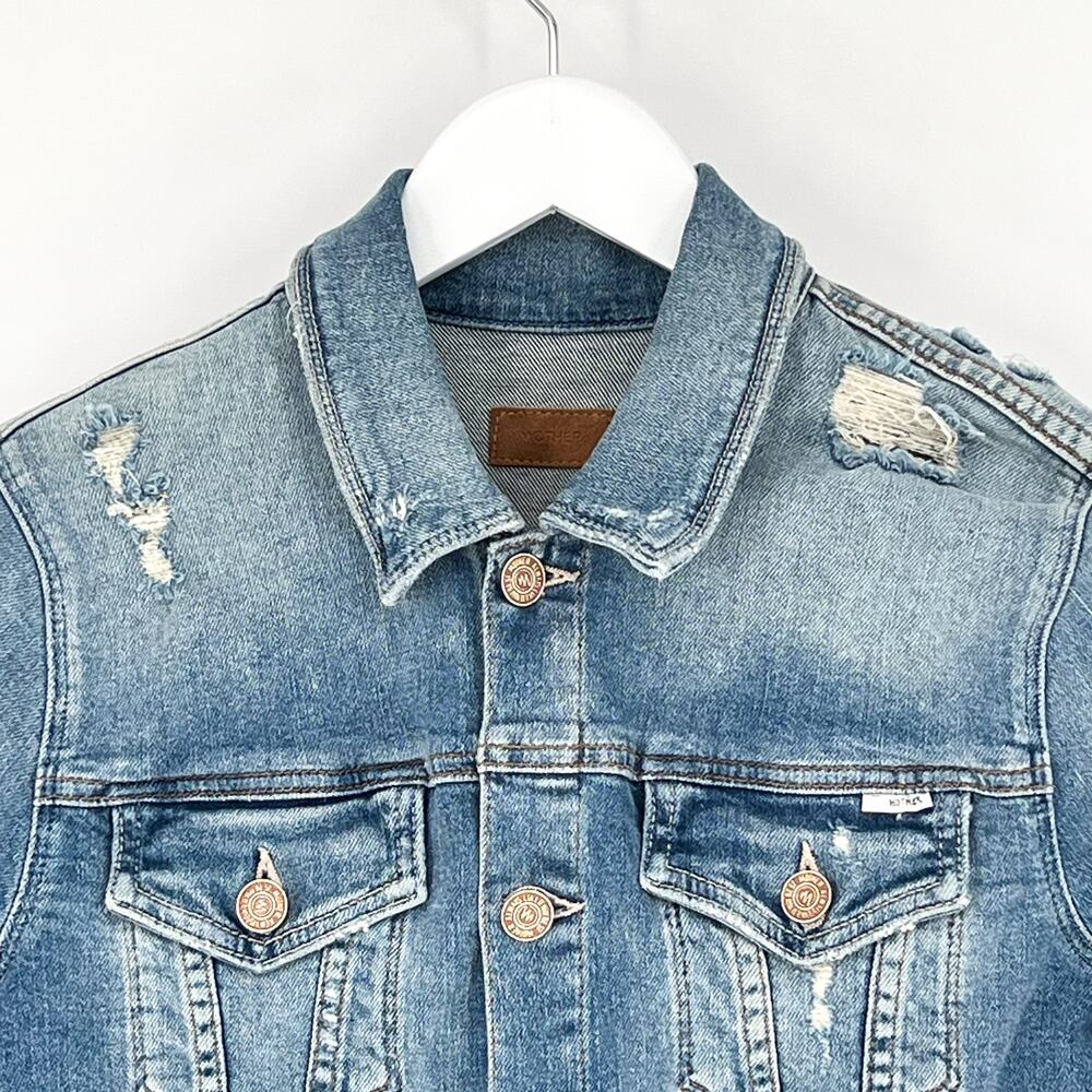 MOTHER The Bruiser Crop Denim Jacket Women’s Size Small Love Gun Distressed - Picture 2 of 7